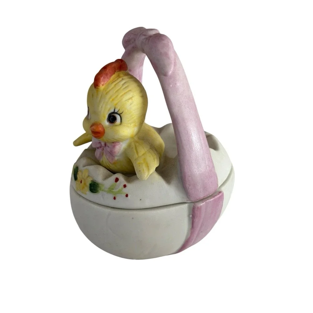 Vintage Lefton Chick In Egg Bow Trinket Box